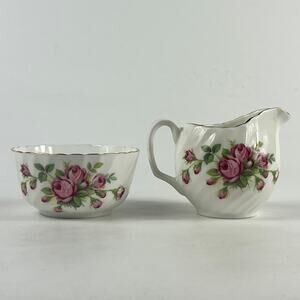 Adderley Bone China Creamer Sugar Bowl Set Pink Rose Floral England 1950s